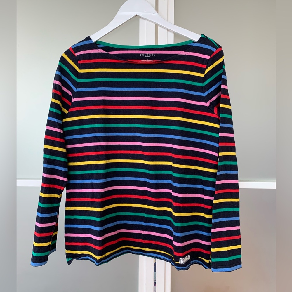 Cotton long sleeve t-shirt from Talbots. Black with rainbow stripes. Size X.